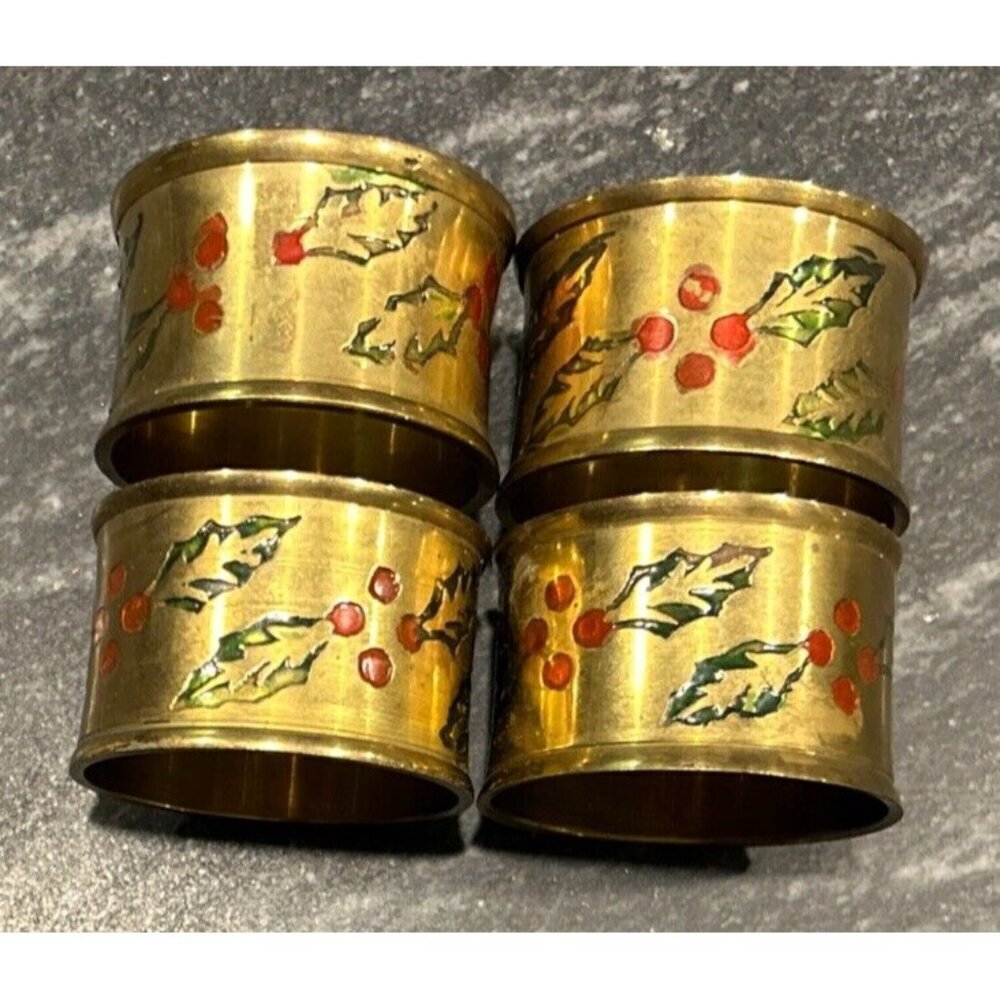 Set of 4 Vintage Brass Holly Leaf & Berries Napkin Rings Christmas Holiday